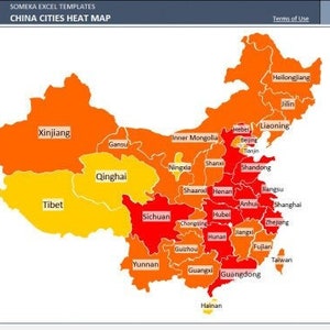 China Geographic Heat Map | Excel Template | Density Map | Automatic Coloring | Country Map of China | Printable Sales Map