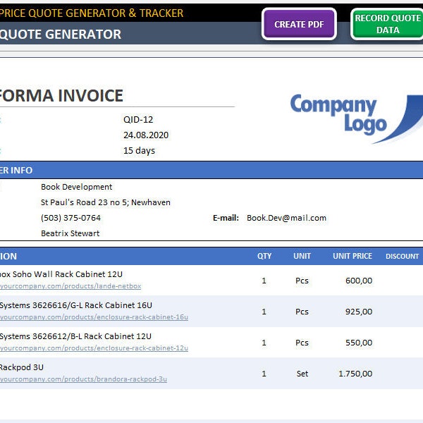 Excel Quotation Generator with Database | Quotation Spreadsheet | Invoicing | Customer & Supplier Database | Automatic Quotation Generator