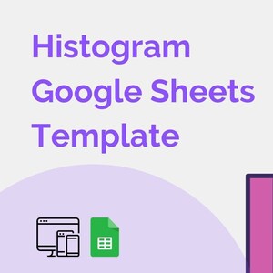 Puede incluir: Gráfico que promociona una plantilla de histograma de Google Sheets. La imagen presenta un gráfico de barras en tonos rosas, una pantalla de ordenador, una tableta, un teléfono y un icono de Google Sheets. El texto "Histograma Google Sheets Template" aparece en morado.