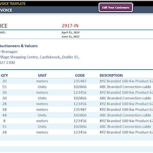 May include: Invoice template with company logo and financial details. Includes invoice number, dates, and contact information for both the seller and buyer. The invoice lists quantities, units, codes, descriptions, unit prices, and totals for various products.