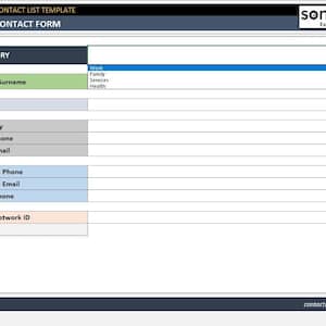 May include: A contact form template with fields for category, name, surname, status, company, work phone, work email, personal phone, personal email, home phone, and social network ID. The form has a dropdown menu for selecting the category, with options for work, family, services, and health.