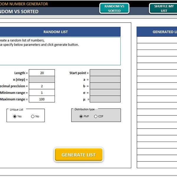 Willekeurige nummergenerator | Excel-sjabloon | Getalgeneratie in Excel | Afdrukbare spreadsheet