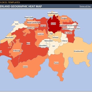 Könnte beinhalten: Eine geografische Heatmap der Schweiz, bei der die Kantone farbcodiert sind, um Datenwerte darzustellen. Die Karte enthält eine Datentabelle mit Kantonsnamen, Textcodes und numerischen Werten. Das Logo von Someka Excel Templates befindet sich oben.