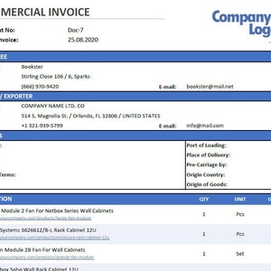 May include: A commercial invoice document with a blue header and a table listing items, quantities, unit prices, and net prices. The items include Lande Fan Module 2 Fan, Enclosure Systems 3626612/B-L Rack Cabinet 12U, Grande Fan Module 28 Fan, and Lande Netbox Seha Wall Rack Cabinet 12U.