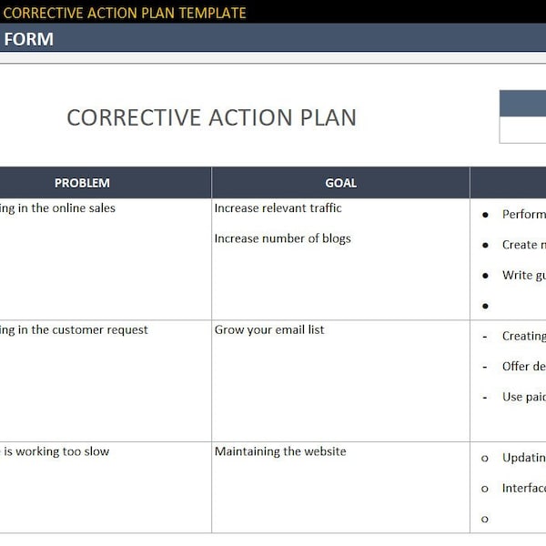 Corrective Action Plan Template Excel Etsy
