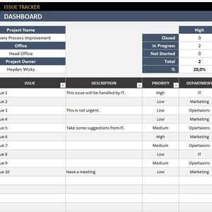 Probleemtracker | Excel-sjabloon om projectbeheer bij te houden | Excel-planner | Werkblad Uitgifteplanner | Activiteitsmonitoring