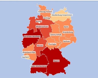 Plantilla de Excel para mapa de calor de Alemania: Coloración automática de ciudades (descarga digital)