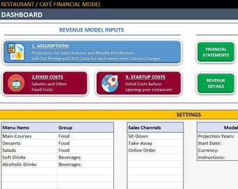 May include: A screenshot of a spreadsheet template for a restaurant or cafe financial model. The spreadsheet includes sections for revenue model inputs, report outputs, and settings. The revenue model inputs section includes assumptions, fixed costs, and startup costs. The report outputs section includes financial statements, breakeven analysis, profits, sales breakdown, revenue details, gross profits, salaries, and data source. The settings section includes projection years, start date, currency, and instructions.