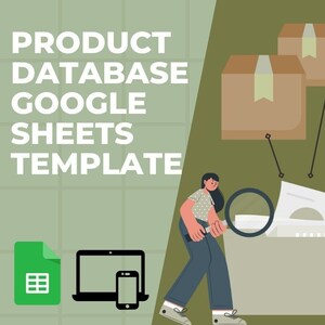 Op de afbeelding: Illustratie van een productdatabase Google Sheets-sjabloon. De afbeelding bevat een groen Google Sheets-pictogram, een laptop en een smartphone. Een persoon bekijkt een bestand met een vergrootglas. Twee dozen staan op de achtergrond.