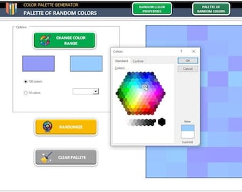 Könnte beinhalten: Ein Screenshot eines Excel-Farbpalettengenerators. Die Oberfläche enthält Optionen zum Ändern des Farbbereichs, zum Randomisieren und zum Löschen der Palette. Ein Farbauswahlfenster ist geöffnet und zeigt ein Farbrad. Der Text "PALETTE OF RANDOM COLORS" ist sichtbar.
