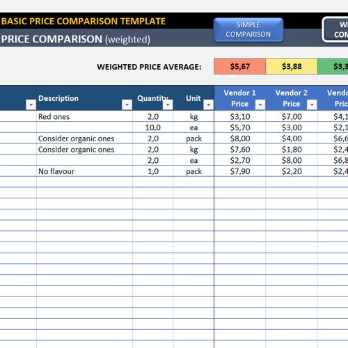 vendor-comparison-excel-template-vendor-price-comparison-etsy