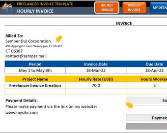 May include: A digital hourly invoice template with a blue and white design. The invoice includes fields for billing information, invoice date, hourly rate, hours worked, and total due. The invoice is for Freelancer Invoice Creation.