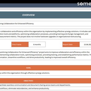 May include: A red and white after action report template with the title "Synergy Solutions: Streamlining Collaboration for Enhanced Efficiency". The report includes sections for project name, scope, start date, time frame, report date, brief description, goal, and objectives. The report is designed to help organizations improve collaboration and efficiency.