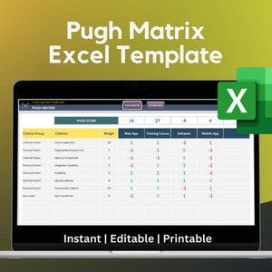 May include: A laptop screen displaying a Pugh Matrix Excel template. The template is used to compare different product options based on various criteria. The template includes columns for criteria group, criterion, weight, web app, training course, software, and mobile app. The template is labelled "Pugh Matrix Excel Template".
