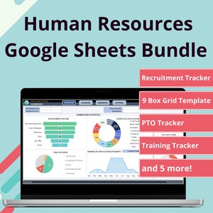 May include: A laptop displaying a Human Resources Google Sheets Bundle. The screen shows charts and graphs for recruitment, candidate statistics, and PTO tracking. Additional templates include a 9 Box Grid and training tracker. The background is a light teal color.