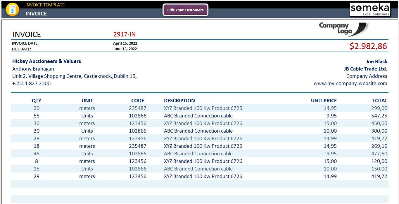 invoice template printable excel template for small etsy