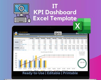 May include: A laptop screen displays an IT KPI Dashboard Excel Template. The screen shows a data table and a line graph with performance metrics. The text "Ready-to-Use | Editable | Printable" is at the bottom. A computer monitor, keyboard, and mouse are in the background.