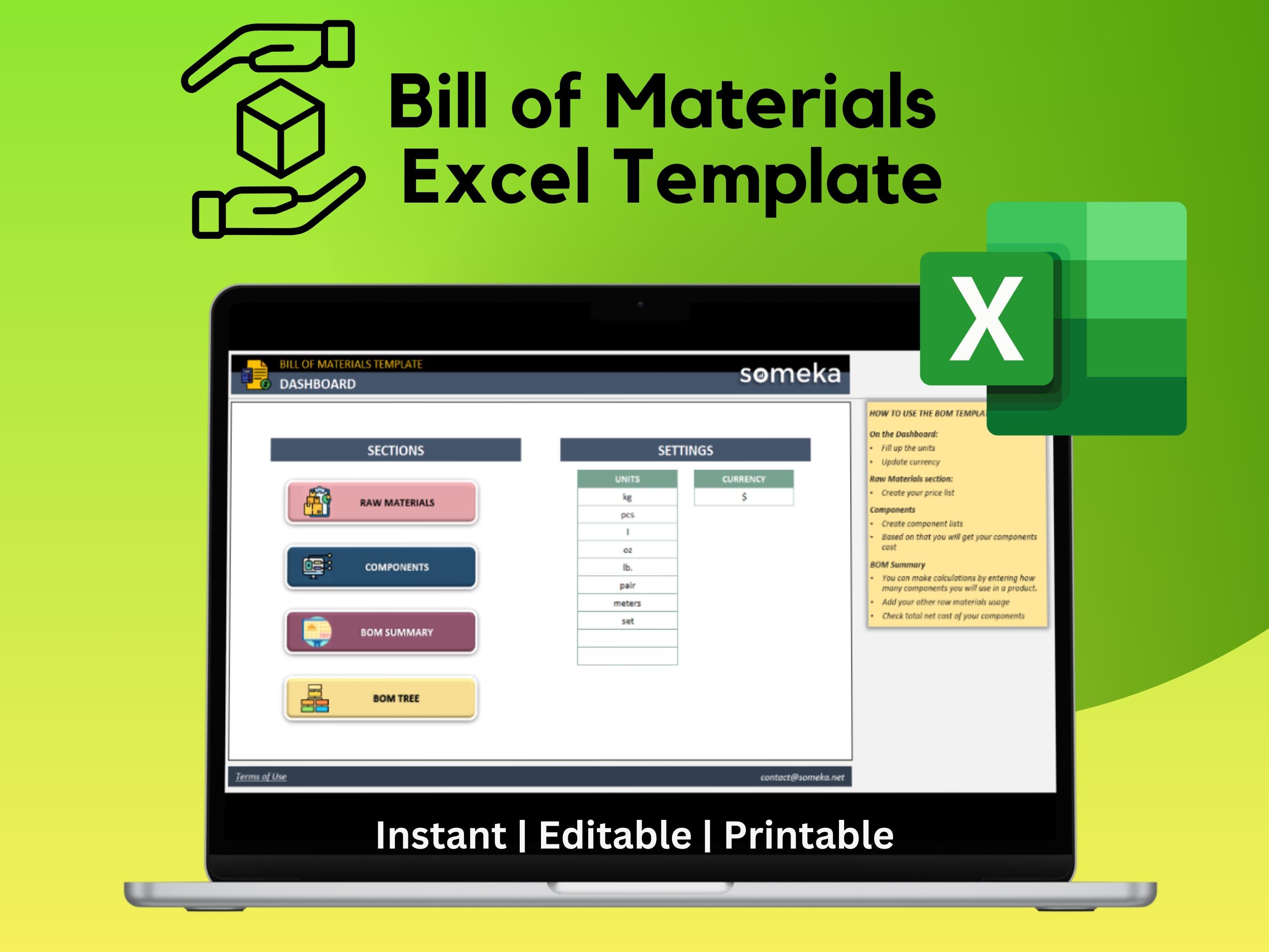Excel-sjabloon voor stuklijsten: stuklijst, kostencalculator