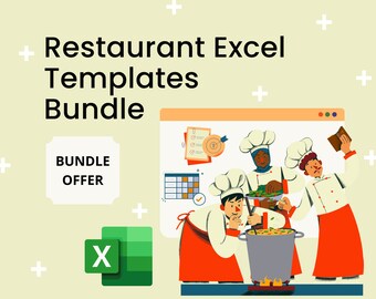 May include: An illustration promoting a restaurant Excel templates bundle. The image features chefs cooking, a spreadsheet, and the Excel logo. Text includes "Restaurant Excel Templates Bundle" and "Bundle Offer".