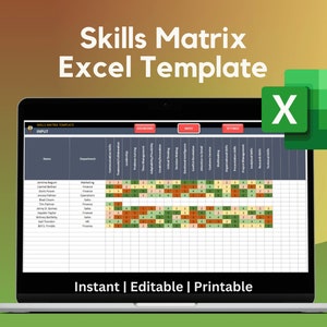 May include: A laptop screen displaying a skills matrix Excel template. The template has a list of names, departments, and skills. The skills are rated on a scale of 1 to 5. The template is labeled "Skills Matrix Excel Template".
