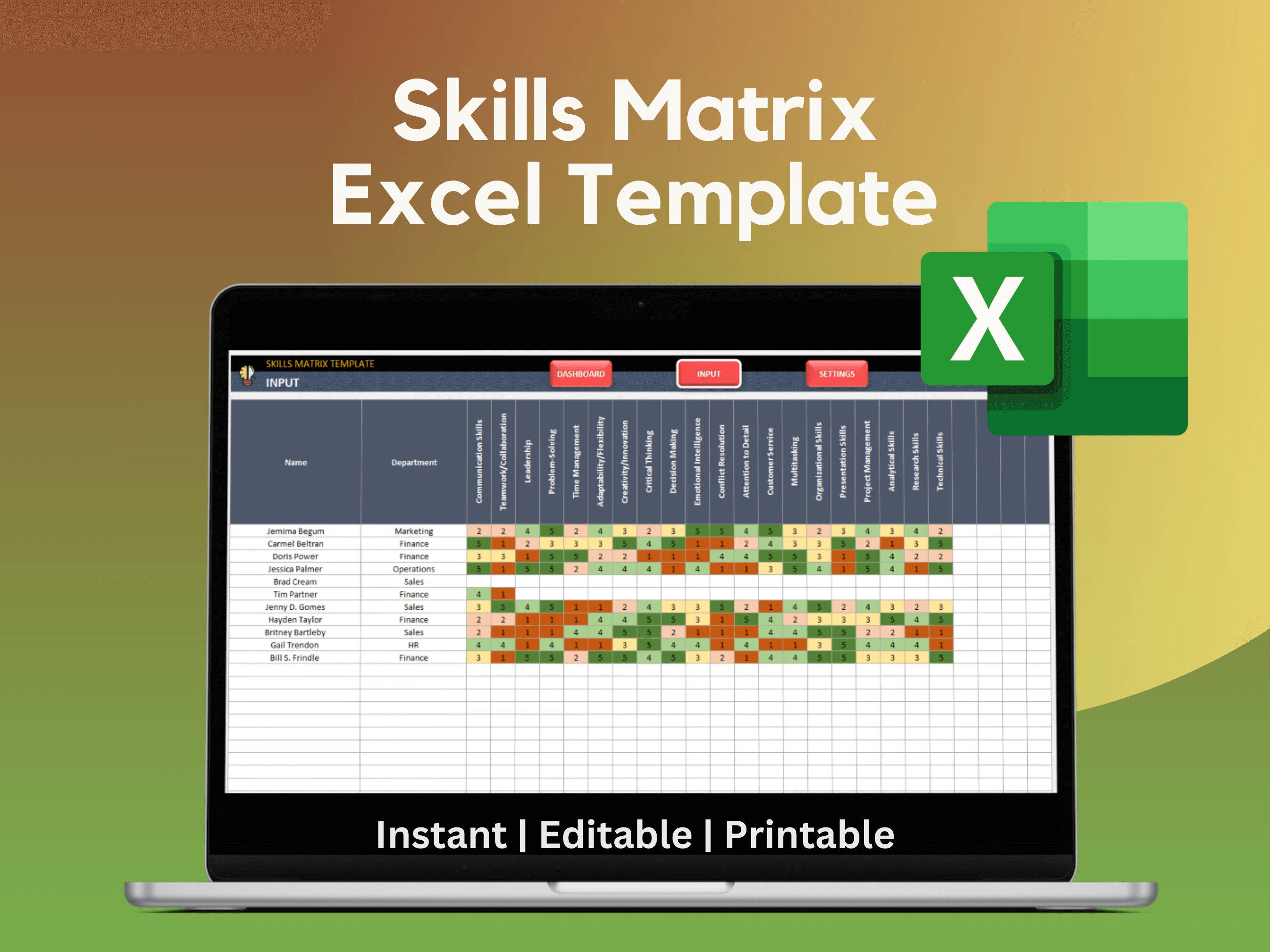 Skills Matrix Template Excel Tool for HR Competency Assessment Tool ...