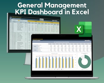 May include: A screenshot of a computer screen showing a spreadsheet with the title "General Management KPI Dashboard in Excel". The spreadsheet is divided into two sections: "Monthly Dashboard" and "Management KPI Dashboard: Trends & Charts". The "Monthly Dashboard" section contains a table of data with various metrics, while the "Trends & Charts" section contains a bar chart and a pie chart. The spreadsheet is created using Microsoft Excel.