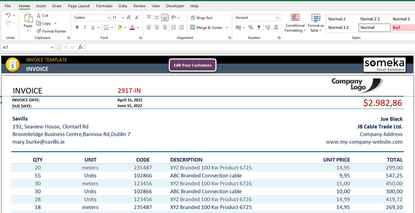 Invoice Template Printable Excel Template for Small Business Invoice