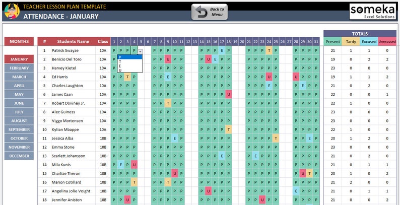 Digital Teacher and Weekly Lesson Plan Excel Template Attandance List