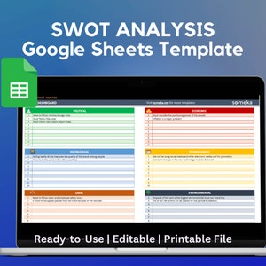 Op de afbeelding: Een laptopscherm toont een SWOT-analyse Google Sheets-sjabloon. De spreadsheet is verdeeld in secties voor politieke, economische, sociologische, technologische, juridische en omgevingsfactoren. De tekst "Ready-to-Use | Editable | Printable File" is zichtbaar.