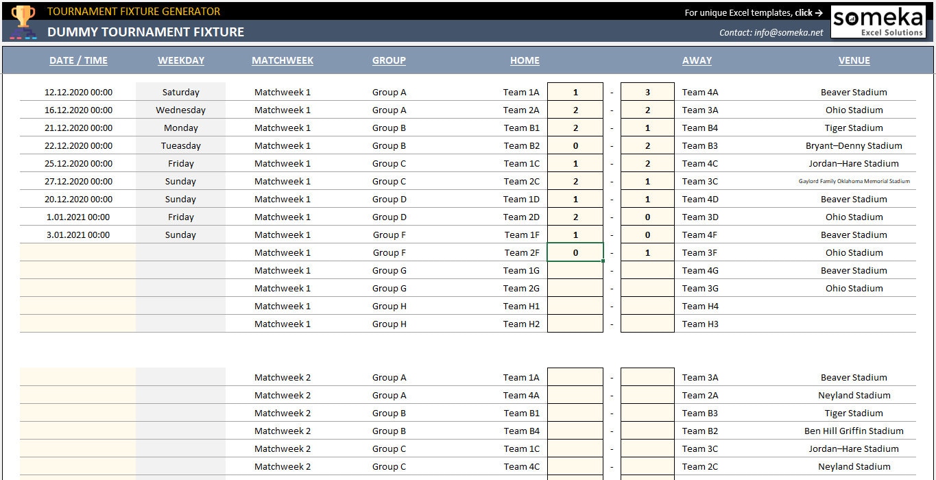 Excel Tournament Fixture Generator