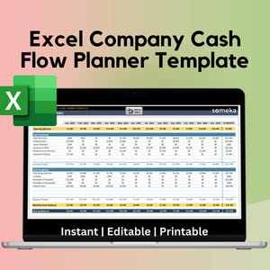 Puede incluir: Un ordenador portátil que muestra una hoja de cálculo de Excel titulada "Plantilla de Planificador de Flujo de Caja de la Empresa". La hoja de cálculo está llena de datos y fórmulas para el seguimiento del flujo de caja. El portátil está sobre un fondo rosa y verde.