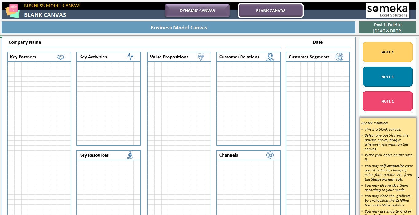 Business Model Canvas | Excel Template | Strategic Management | One ...