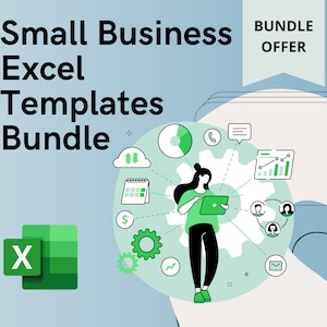 May include: An illustration promoting a "Small Business Excel Templates Bundle." The image features a green Excel logo, a woman using a tablet, and various business-related icons. The words "Bundle Offer" are also displayed.