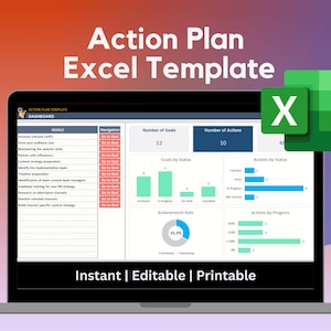 May include: A laptop screen displaying an Excel spreadsheet with a green and white Excel logo in the top right corner. The spreadsheet is titled "Action Plan Template Dashboard" and contains a list of goals, a navigation section, and charts showing the number of goals, actions, and their status. The text "Instant | Editable | Printable" is displayed at the bottom of the screen.