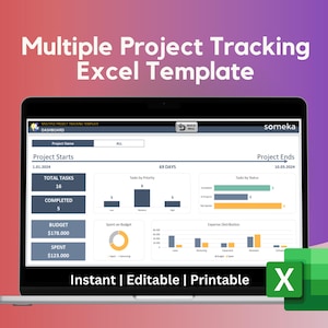 May include: A laptop screen displaying a project tracking template in an Excel spreadsheet. The template includes a dashboard with sections for project name, start and end dates, total tasks, completed tasks, budget, spent, tasks by priority, tasks by status, and expense distribution. The template is labeled "Multiple Project Tracking Excel Template" and "someka". The text "Instant | Editable | Printable" is displayed below the spreadsheet. A green Excel icon is in the lower right corner of the image.