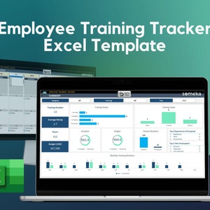 May include: A laptop screen displaying a spreadsheet with the title "Employee Training Tracker" and a summary of training data, including training number, average rating, hours, budget, duration, and monthly training numbers. The spreadsheet is on a laptop with a black case and a silver keyboard. The laptop is on a blue background.