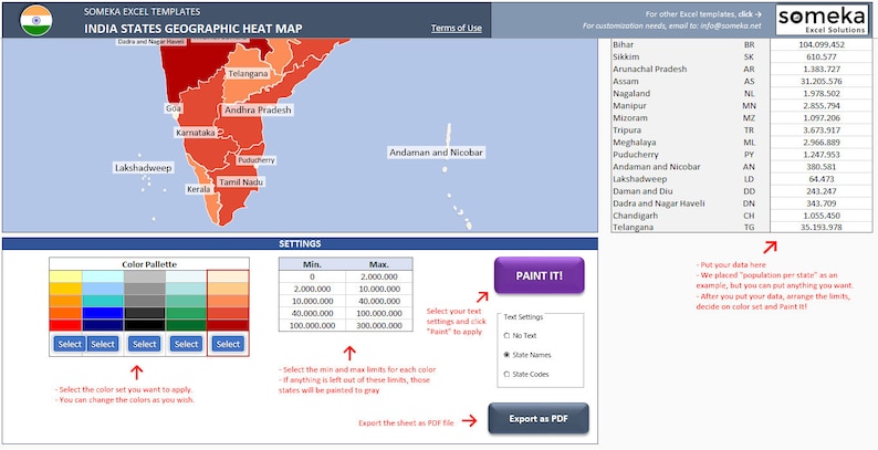 India Geographic Heat Map | Excel Template | Density Map | Automatic ...
