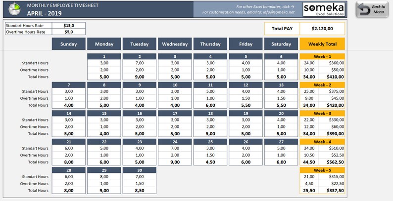 Monthly Employee Timesheet Template Excel Template Employee Work