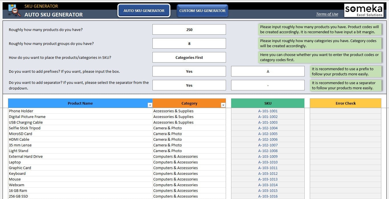 Excel SKU Generator Excel Template Creating Unique Codes Stock Keeping