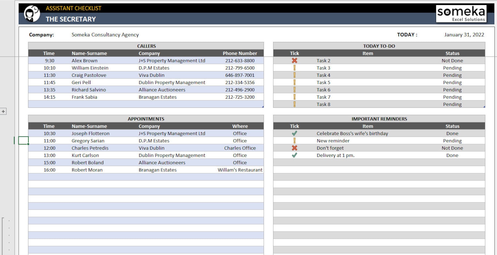 Executive Assistant Daily Checklist in Excel Printable Spreadsheet