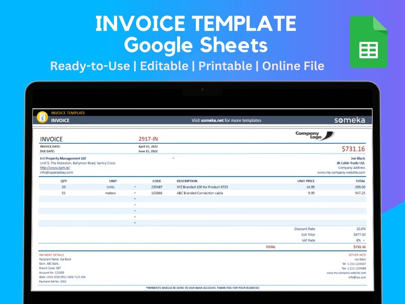 Google Sheets Invoice Template | Editable, Printable (instant Download ...