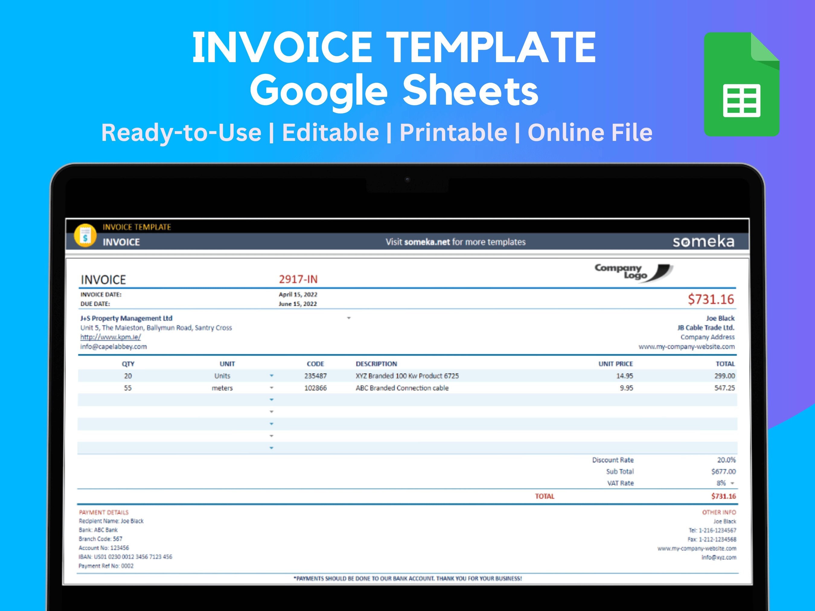 Google Sheets Invoice Template | Editable, Printable (instant Download ...