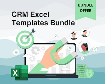 May include: An illustration promoting a CRM Excel Templates Bundle. The image features a laptop with a magnet attracting customer icons, a bullseye, and stacks of coins. Text includes "CRM Excel Templates Bundle" and "Bundle Offer."