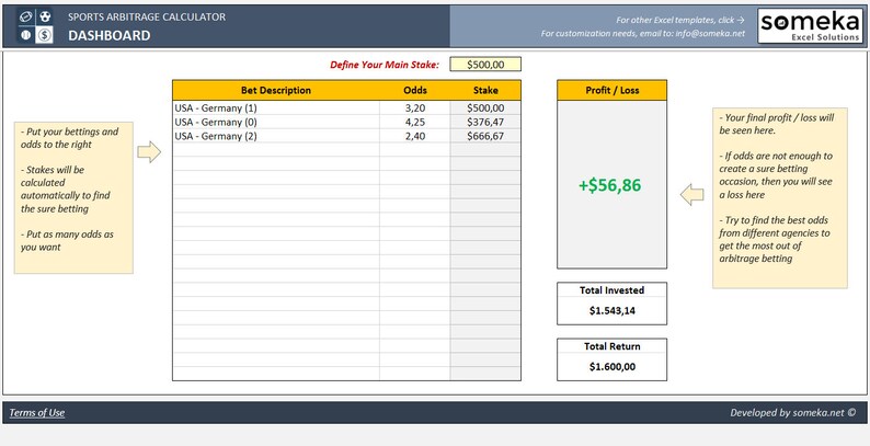 Sports Arbitrage Calculator Excel Template To Calculate Odds And Stakes - 