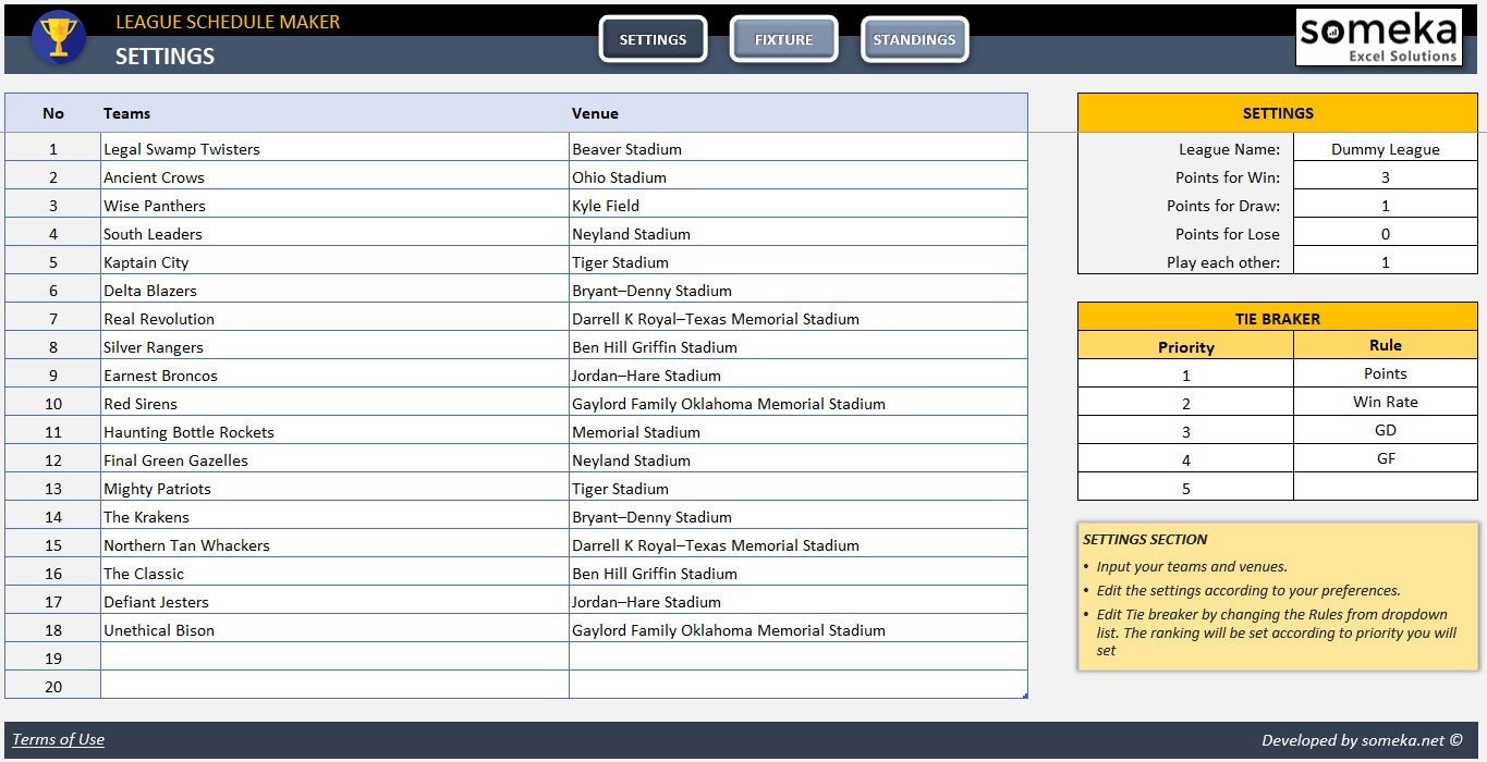 Excel Tournament Fixture Generator