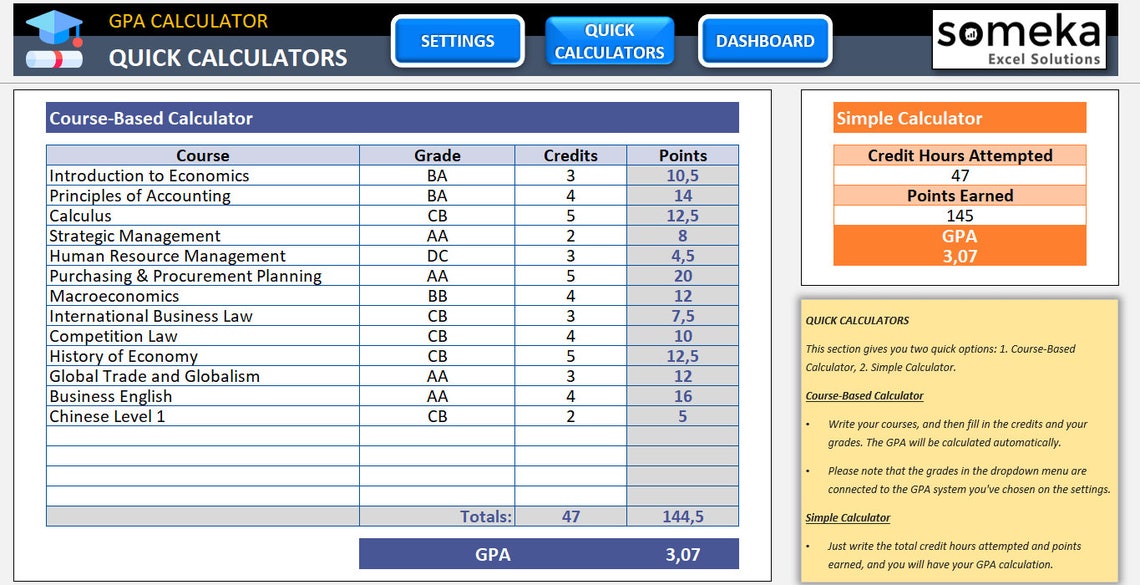 GPA Calculator Excel Calculator Template Excel Template Term Planner