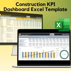 May include: A computer screen displaying a spreadsheet with the title "Construction KPI Dashboard Excel Template". The spreadsheet shows data in rows and columns, with charts and graphs. The screen is on a laptop computer with a green and white Excel icon in the upper right corner.