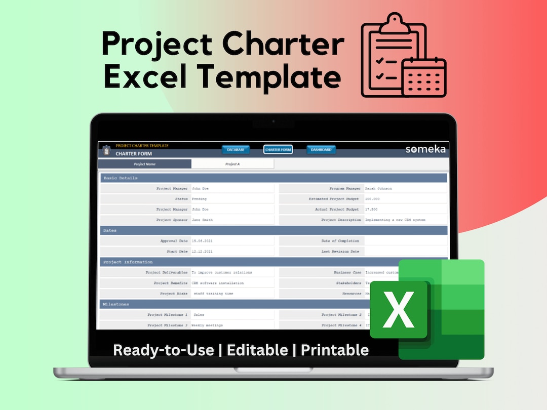 Project Charter Excel Template | Project Management Dashboard - Etsy