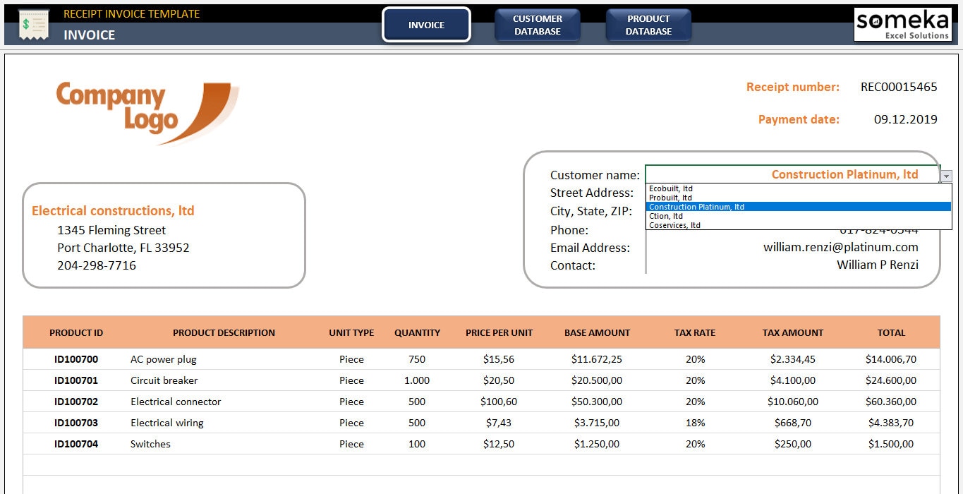 Receipt Invoice Template Business Invoice Microsoft Excel - Etsy