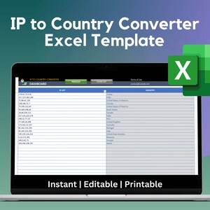 May include: A laptop computer screen displaying an Excel spreadsheet with the title "IP to Country Converter Excel Template". The spreadsheet has columns for IP address and country. The spreadsheet is open in a program with a green "X" icon.